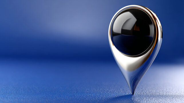 Polished metallic location pin, map marker, rests vibrant blue. It represents precise navigation to an exciting destination. Pointer icon, it symbolizes confident travel and joyful discovery