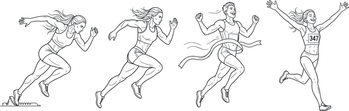 Black line art illustration set of male and female runners sprinting starting and crossing the race finish line.