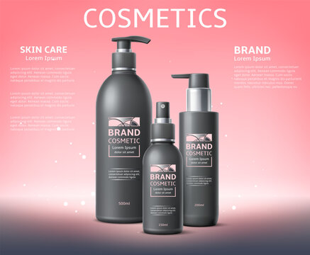 Skin care cosmetics poster. Moisturizing cream advertising banner template for branding. Bottles with dispensers. Shampoo or conditioner. Skincare lotion. Vector pink glitter background