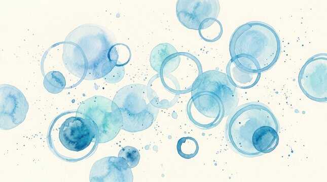 Abstract blue and green bubbles pattern with circles of various sizes floating on a clean white background