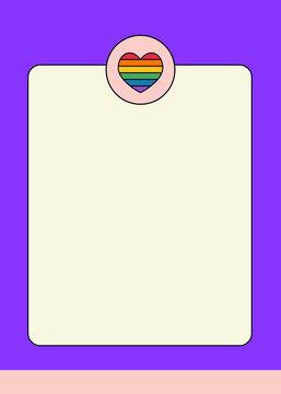 Colorful template with a rainbow heart icon on a purple background.
