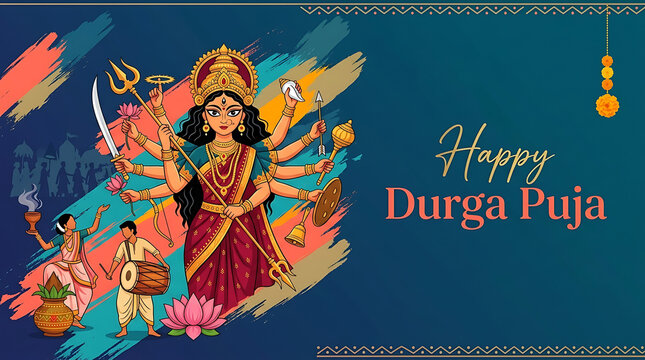 Colorful goddess durga illustration with multiple arms devotional dancers drummer lotus and festive decorations celebrating durga puja and navratri on teal background