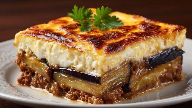 Eggplant moussaka layered with savory beef and creamy bechamel rests on a white plate.