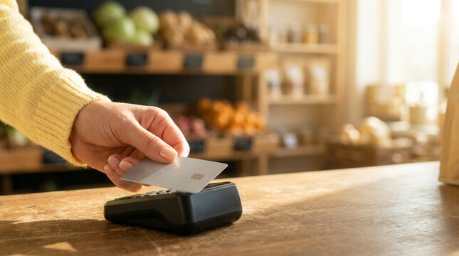 Customer paying with credit card at pos terminal in grocery store, contactless transaction and retail shopping