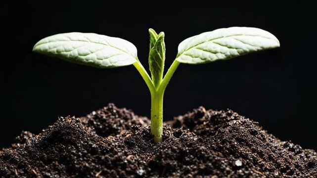 Extreme close-up time-lapse of a bright green seedling rapidly growing and emerging from a mound of dark, rich soil. The first two cotyledon leaves unfold against a pure black background.