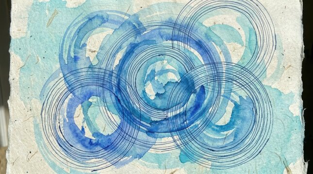 Abstract watercolor painting with blue and green circular ink lines on textured paper