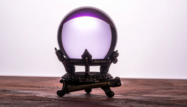 Purple crystal ball on an ornate black stand for fortune telling and mystical divination.