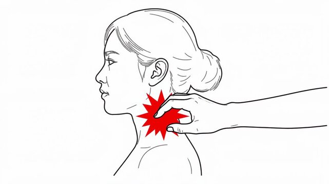 Minimalistic 2D black and white line drawing of a woman's profile. A hand presses the back of the neck, and a sharp red starburst flash suddenly appears, symbolizing acute pain activation.
