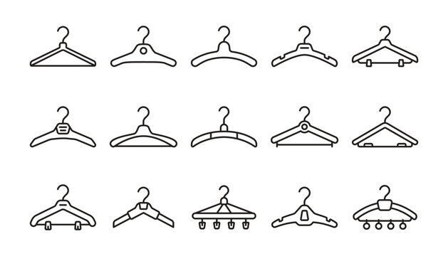 Collection of minimalist clothes hanger outline icons for fashion, laundry, wardrobe, and garment storage design.