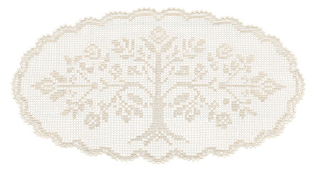  Vintage handmade white crochet lace doily with an intricate tree motif on a transparent background, oval table runner cutout © ilsuu