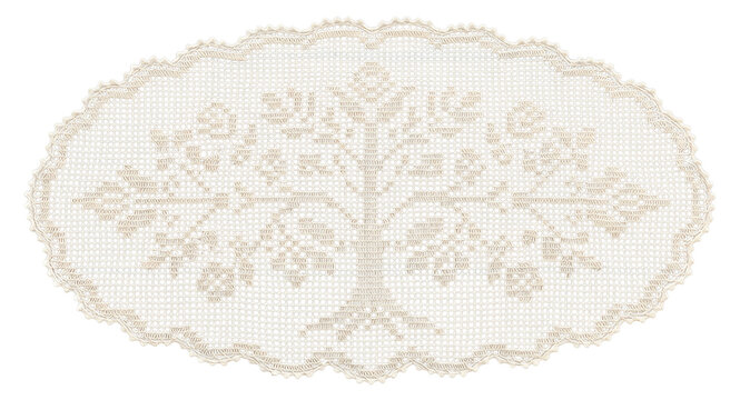  Vintage handmade white crochet lace doily with an intricate tree motif on a transparent background, oval table runner cutout
