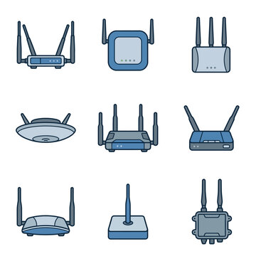 Wi Fi router vector icon set including wireless modems access points and network signal devices for internet technology concepts.