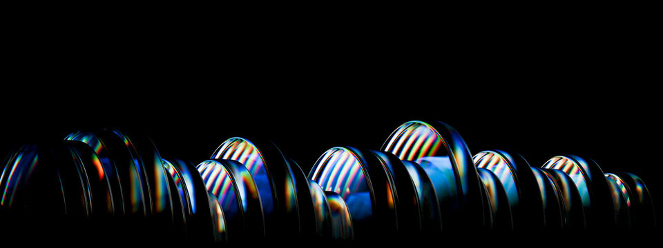3D glass rings black panorama create a low luminous horizon of iridescent arches with futuristic optical reflections