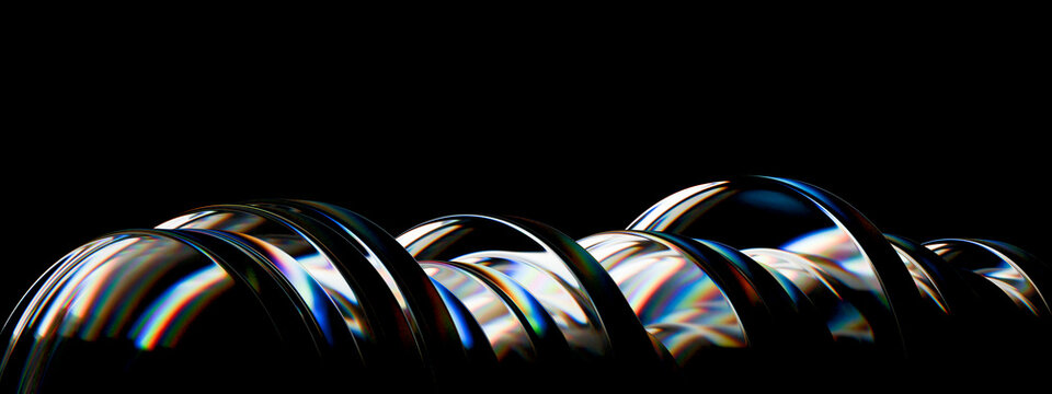 3D glass rings black landscape form overlapping prismatic arches with luminous spectral reflections and bold negative space