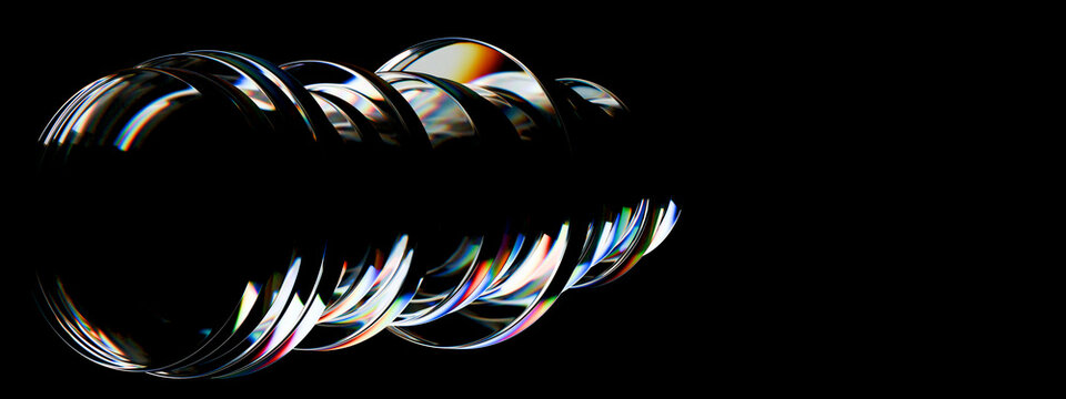 3D glass rings black spiral create a diagonal prismatic structure with iridescent optical highlights and deep copyspace