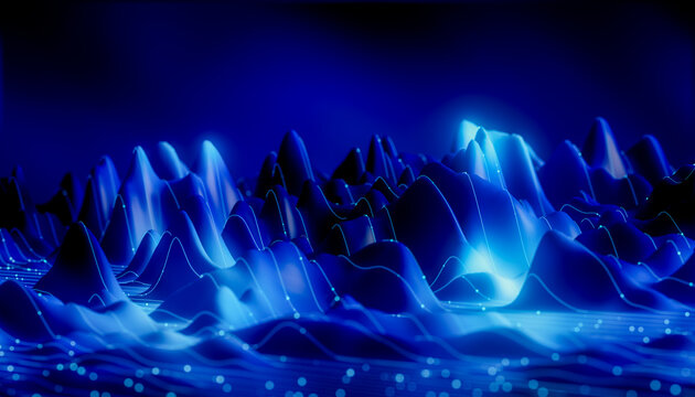 3D data landscape blue peaks network glow form a futuristic topographic visualization with flowing digital signals
