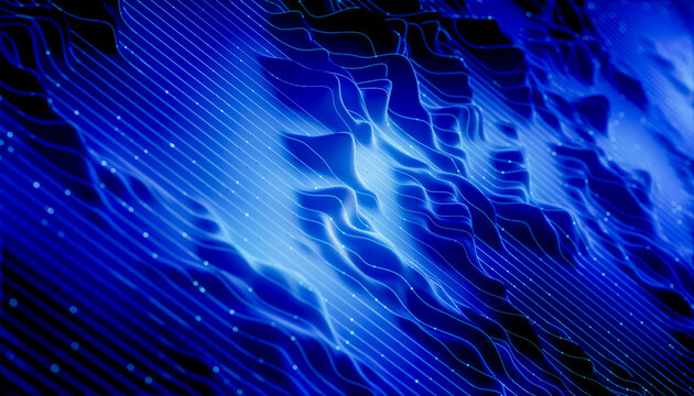 3D digital landscape blue data waves network lines create a luminous technological terrain with flowing information paths