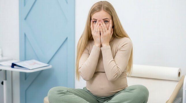Scared pregnant woman covering face on examination table, prenatal anxiety and maternal mental health