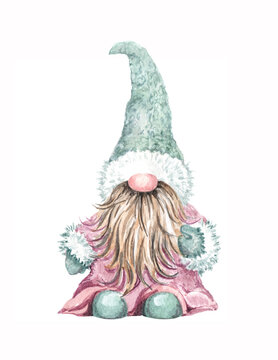 A fairytale Christmas gnome in a pink coat and a green cap. A cute hand-drawn watercolor illustration in Scandinavian style. Festive clip art for cards, greetings, and prints on a white background.