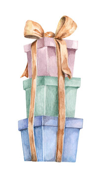 A stack of gift boxes tied with a gold ribbon. Festive packaging. Surprise gift isolated on a white background. New Year's clip art. Hand-drawn watercolor illustration for card and greeting design.