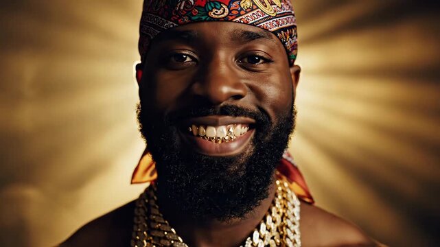 Close-up portrait muscular Black man wearing a colorful bandana and multiple heavy gold chains with large diamond-encrusted cross pendants. He smiles, revealing gold grillz against a golden backdrop