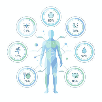Infographic presenting human health data, visualizing key physiological metrics and lifestyle factors to optimize overall well-being and support a healthy life