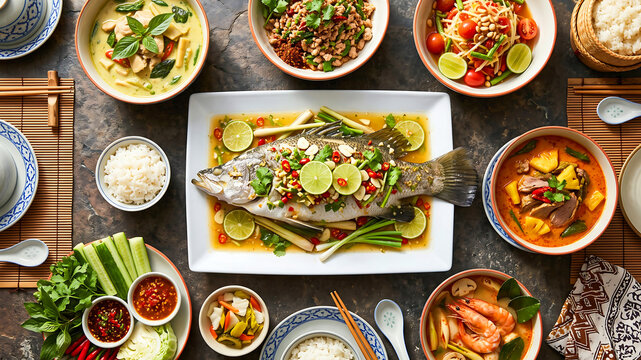 Thai food feast featuring steamed fish with lime chili sauce surrounded by assorted traditional spicy curries and jasmine rice served on a rustic dark stone table