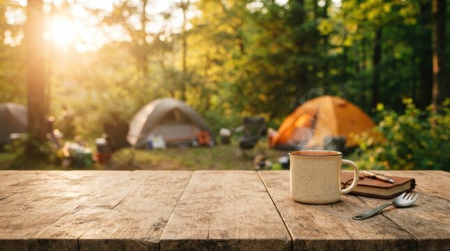 Morning coffee cup on wooden table in sunny forest camping site with tents.