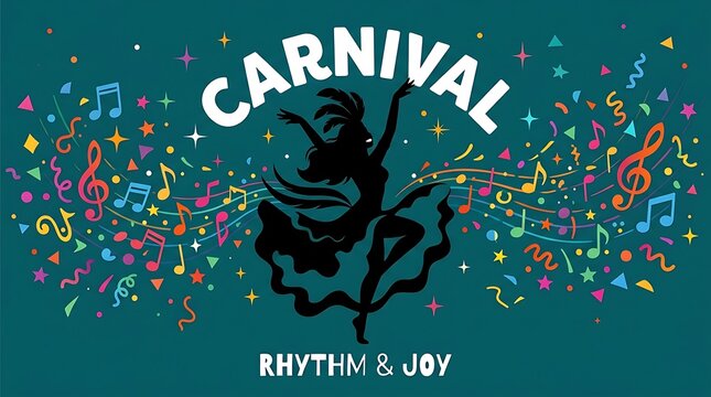 Carnival dancer silhouette surrounded by music notes and confetti with minimal text, modern flat vector illustration celebrating Caribbean carnival culture