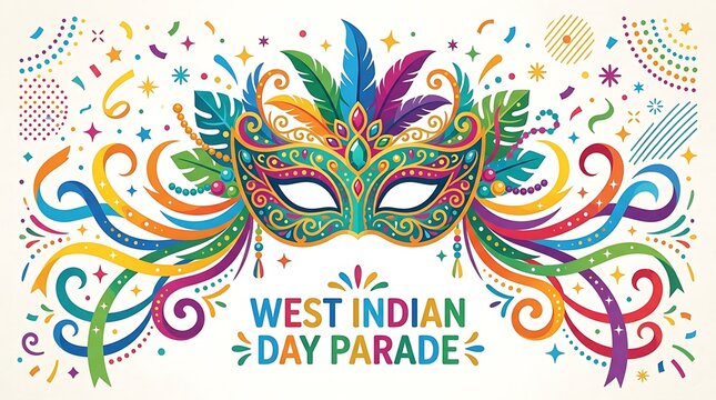 Decorative masquerade mask with flowing ribbons, minimal West Indian Day Parade text, colorful flat vector design