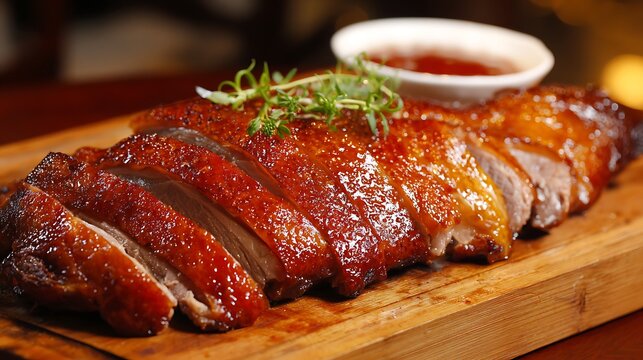 Crispy roasted pork belly with sweet glaze is presented on a wooden platter.