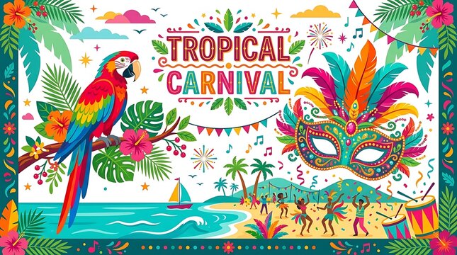 Tropical parrot beside a bright carnival mask with minimal text, vibrant flat vector banner celebrating a festive Caribbean island theme