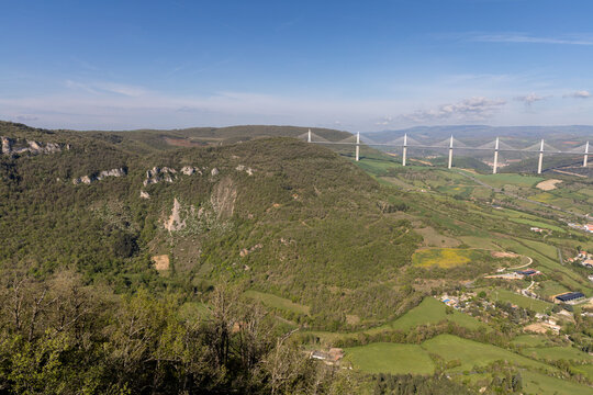 Millau, France - April 20, 2026: Panoramic view of the famous Millau Viaduct in Aveyron, southern France