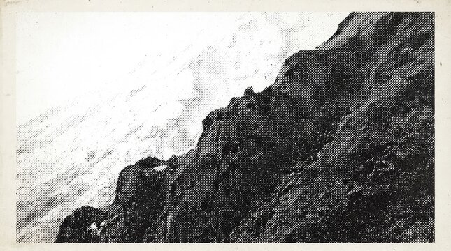 Abstract textured cliffside with dramatic lighting and atmospheric haze creating a gritty monochrome background.