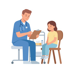 Obraz premium A friendly male doctor in blue scrubs shows a clipboard to a young girl patient sitting on a chair during a medical checkup.