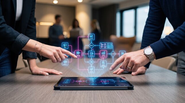 Business team collaborating over holographic flowchart projection above tablet, hands pointing at virtual data structure diagram, neural network and big data analytics