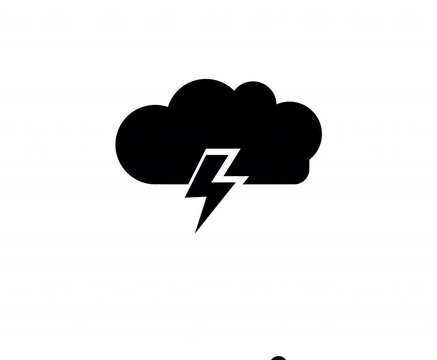 Weather warning signs animation, Animated black storm cloud icon with lightning bolt and falling hail shower dots loop video on white background, modern minimal weather forecast motion graphics elemen