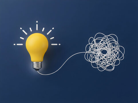 A yellow light bulb connected to a tangled white wire on a dark blue background, representing the process of turning complex ideas into a simple solution