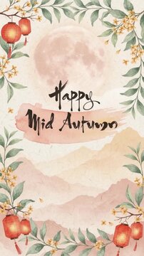 Watercolor illustration for Mid Autumn festival with moon lanterns and floral frame.