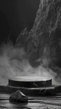 A dark stone podium stands prominently in the foreground, a symbol of nature's austere beauty amidst a foggy, mountainous backdrop.