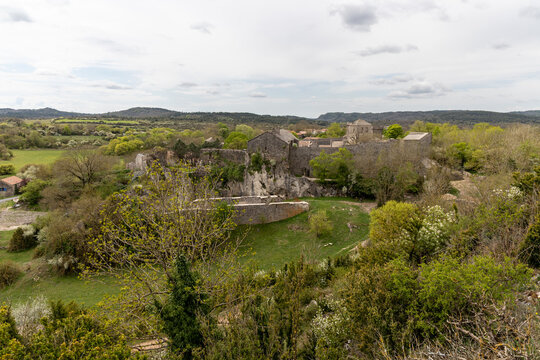 Aerial view of the fortified village of La Couvertoirade, Aveyron, France