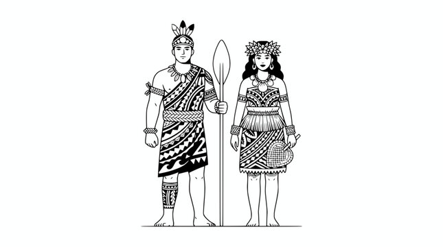 Polynesian Couple in Traditional Attire with Spear, Tribal Art Style
