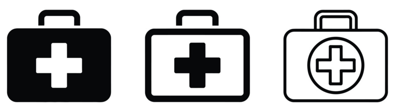 First aid kit bag icon set. Medical box symbol collection. Simple pictograms for emergency care, doctor case, healthcare support, and hospital kit design.