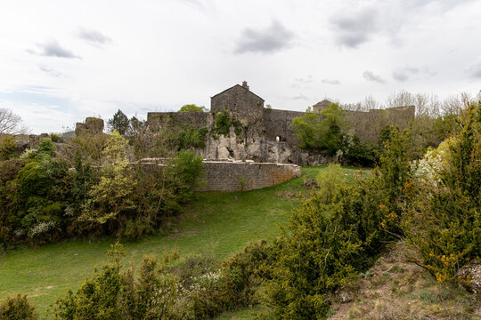 Aerial view of the fortified village of La Couvertoirade, Aveyron, France