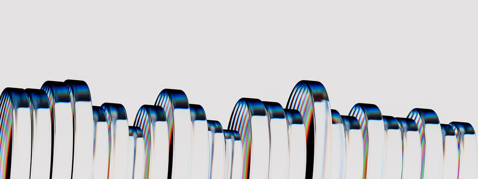 3D glass rings white panorama create a minimal rhythmic skyline with iridescent reflections and expansive copyspace