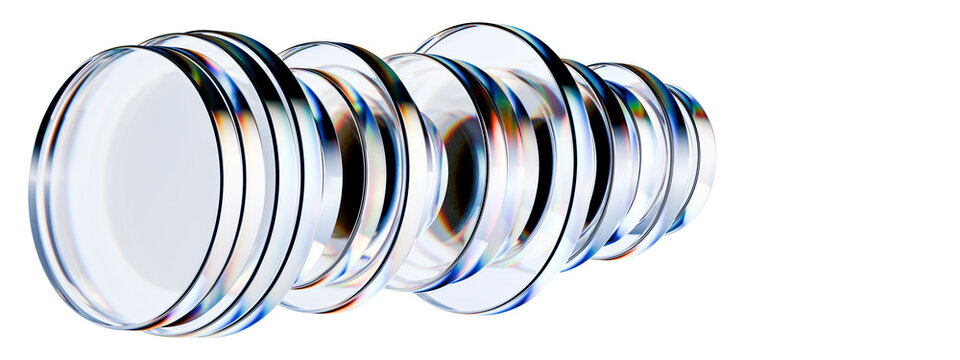 3D glass rings white isolated composition creates a transparent prismatic tunnel with iridescent reflections and clean negative space