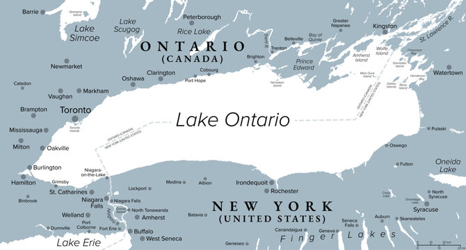 Lake Ontario, one of the five Great Lakes in North America, gray political map. Bounded by Canadian province of Ontario, and by U.S. state of New York. The border spans the centre of the lake. Vector