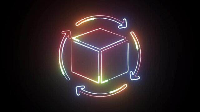 Multicolor neon 3D cube rotating with circular arrows animation concept