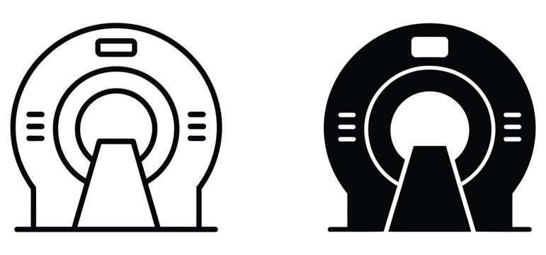 MRI scanner icon set. Medical equipment symbol collection. Simple pictograms for CT scan, hospital diagnostic, healthcare technology, and radiology device design.