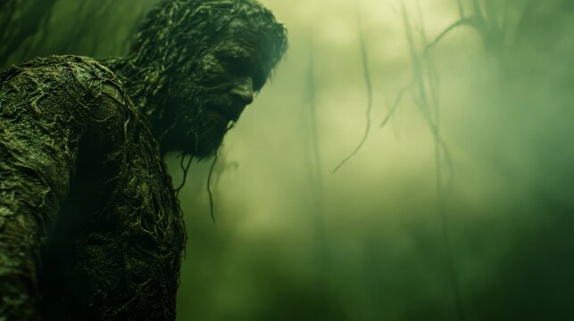 A swamp creature, covered in mud and vegetation, stands in a misty, green forest